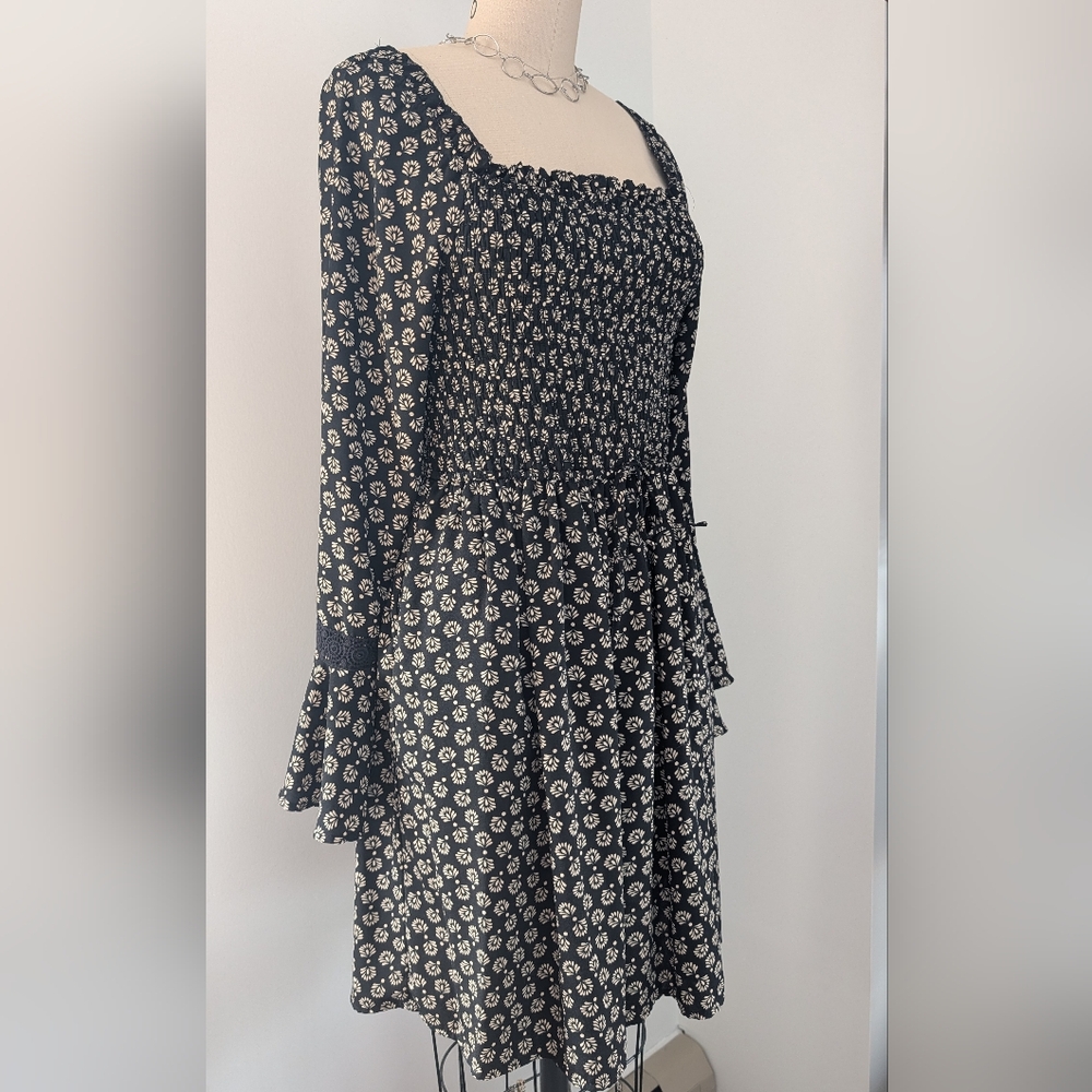 Xhilaration - Black Floral Bell Sleeve Boho Dress - Size S